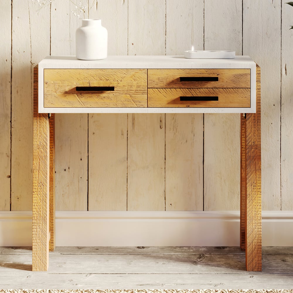 Timmins Wooden Console Table With 3 Drawers In White And Oak