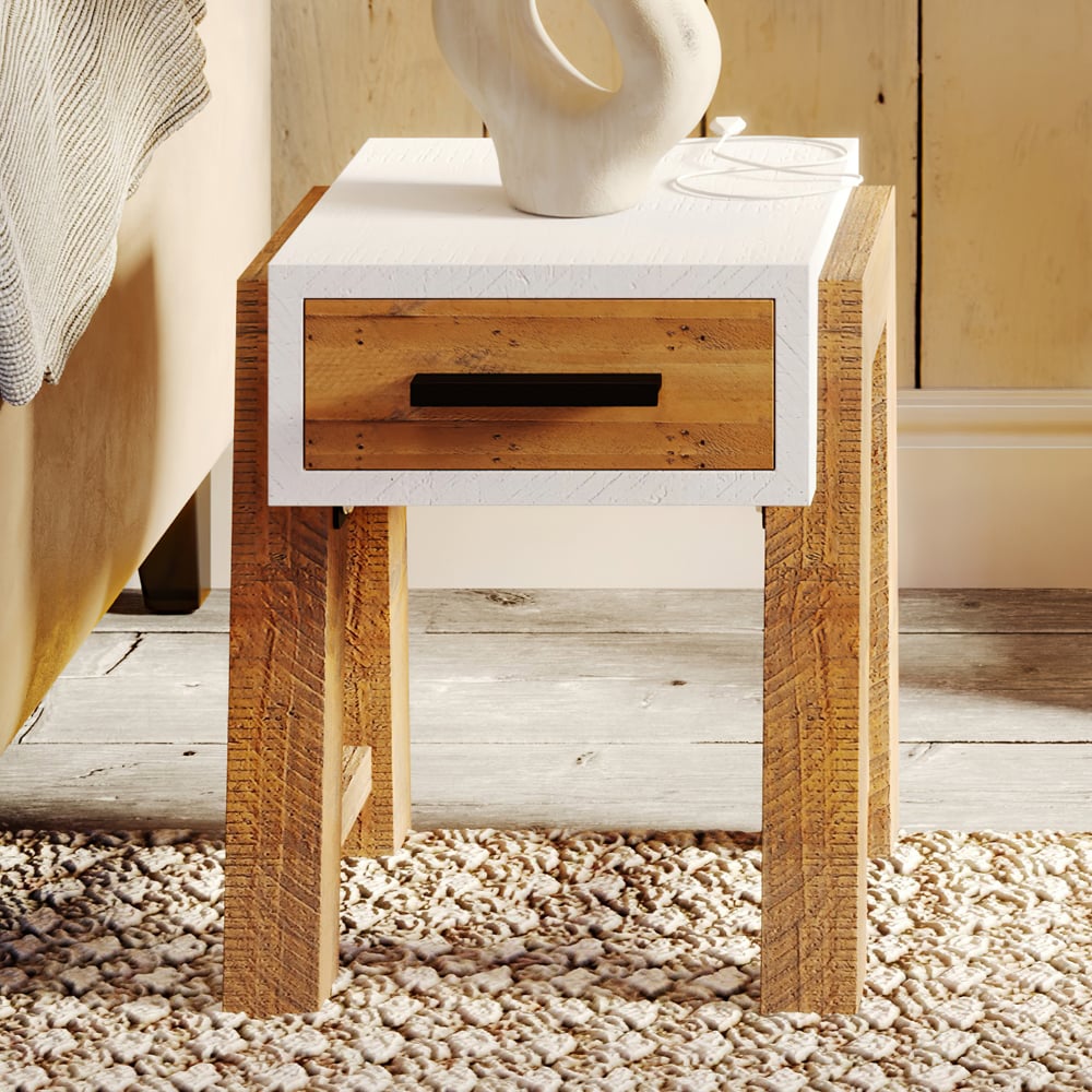 Timmins Wooden Side Table With 1 Drawer In White And Oak