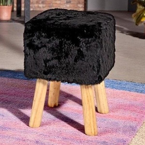 Tomball Textile Fabric Square Stool Oak Legs In Black | Bed Sava
