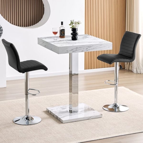 Topaz Filo Effect Gloss Bar Table With 2 Ripple Black Stools | Bed Sava