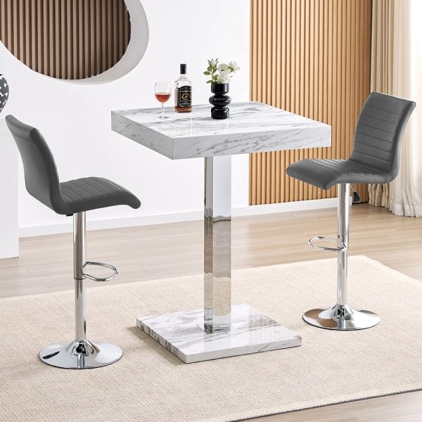 Topaz Filo Effect Gloss Bar Table With 2 Ripple Grey Stools | Bed Sava