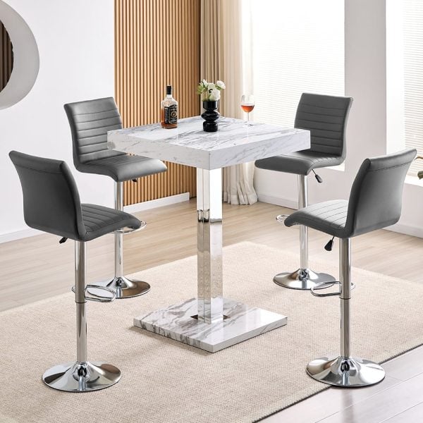 Topaz Filo Effect Gloss Bar Table With 4 Ripple Grey Stools | Bed Sava
