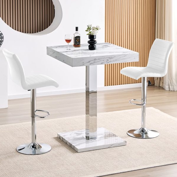 Topaz Filo Effect Gloss Bar Table With 2 Ripple White Stools | Bed Sava
