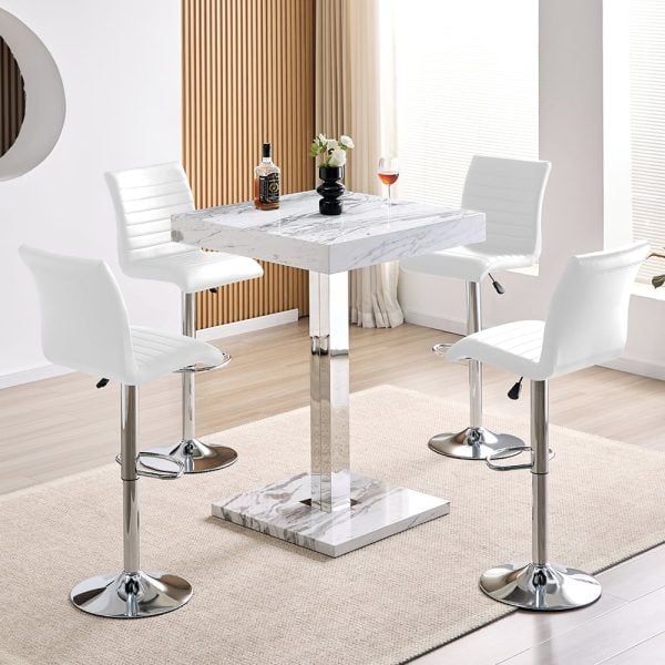 Topaz Filo Effect Gloss Bar Table With 4 Ripple White Stools | Bed Sava