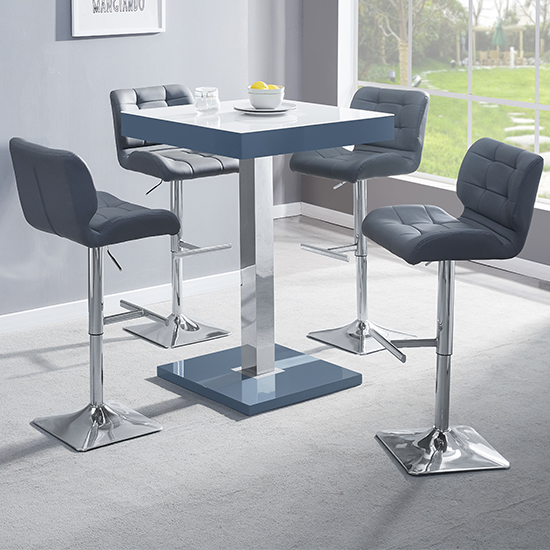 Topaz Glass White Grey Bar Table 4 Candid Grey Stools