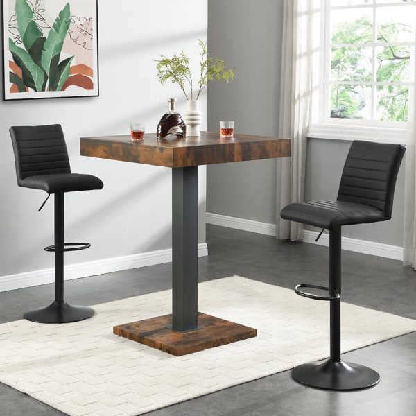 Topaz Rustic Oak Bar Table With Black Base 2 Ripple Black Stools | Bed Sava