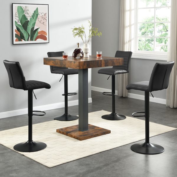 Topaz Rustic Oak Bar Table With Black Base 4 Ripple Black Stools | Bed Sava