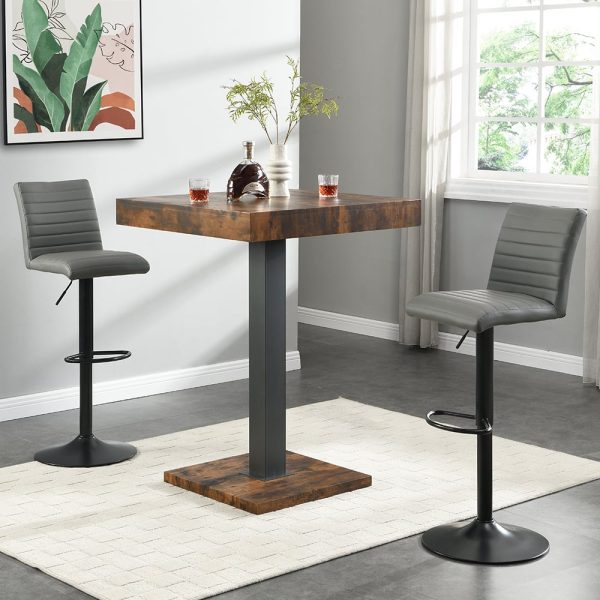Topaz Rustic Oak Bar Table With Black Base 2 Ripple Grey Stools | Bed Sava