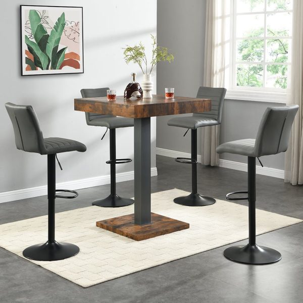 Topaz Rustic Oak Bar Table With Black Base 4 Ripple Grey Stools | Bed Sava
