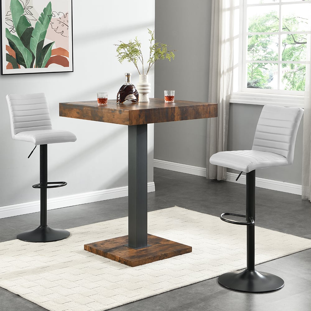 Topaz Rustic Oak Bar Table With Black Base 2 Ripple White Stools