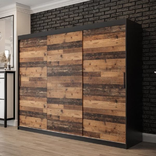 Topeka Wooden Wardrobe With 3 Sliding Doors In Dark Oak | Bed Sava