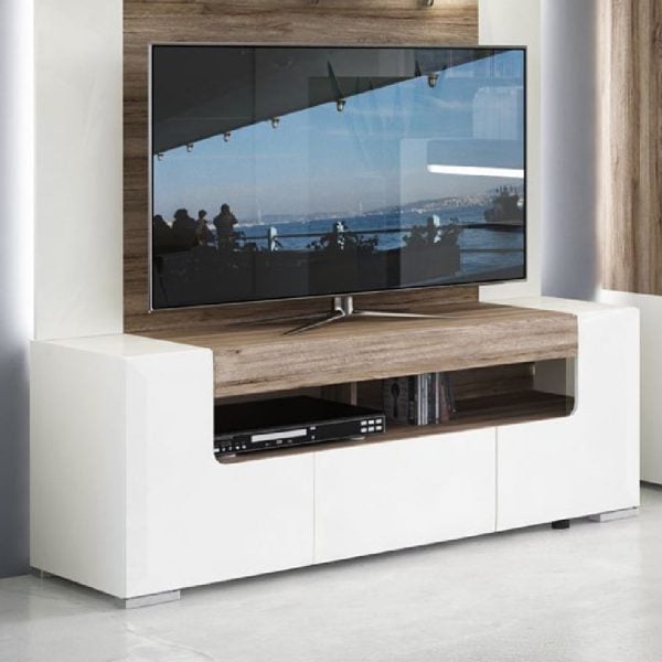 Tortola High Gloss TV Stand With 2 Doors In White And Oak | Bed Sava