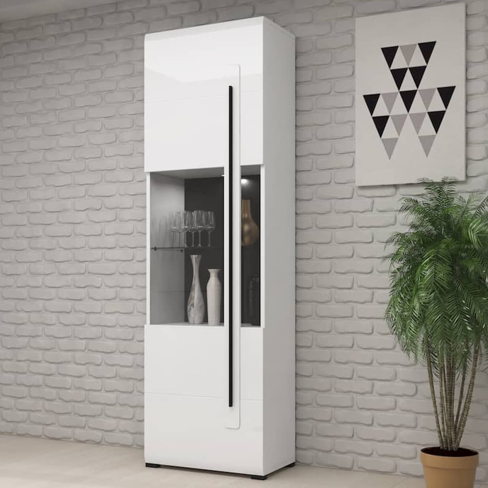 Trail Tall High Gloss Display Cabinet In White With LED
