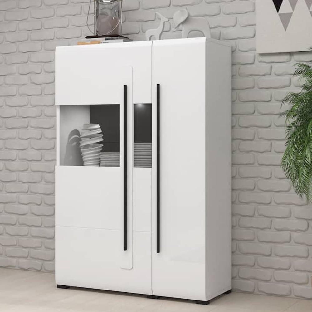 Trail Wide High Gloss Display Cabinet In White With LED