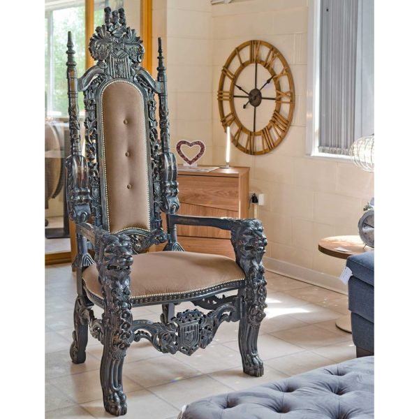 Trenton Wooden Throne Chair With Fabric Seat In Grey Wash | Bed Sava