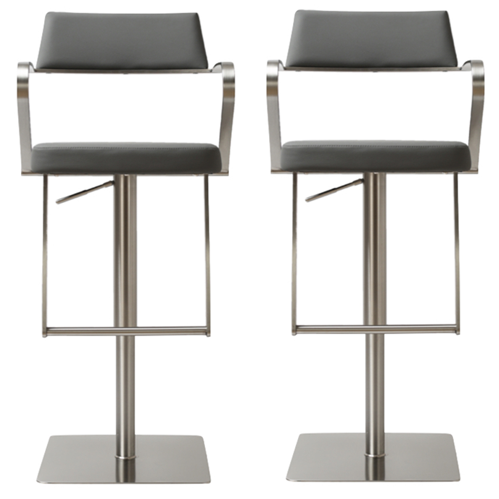 Turlock Grey Leather Bar Stools In Pair