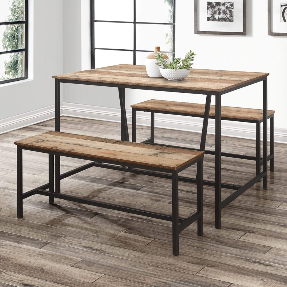 Urbana Wooden Dining Table With 2 Benches In Rustic