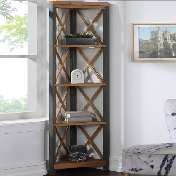 Utica Wooden Corner Bookcase With 4 Shelves In Satin Lacquer | Bed Sava