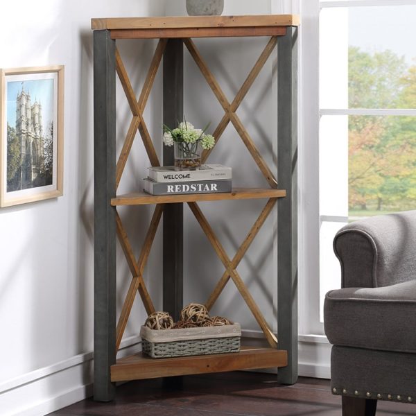 Utica Wooden Corner Bookcase With 2 Shelves In Satin Lacquer | Bed Sava