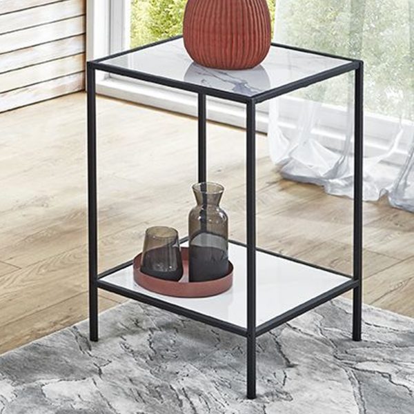 Valdez Metal End Table In White Marble Effect | Bed Sava