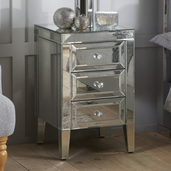 Valence Mirrored Bedside Cabinet With 3 Drawers In Silver | Bed Sava