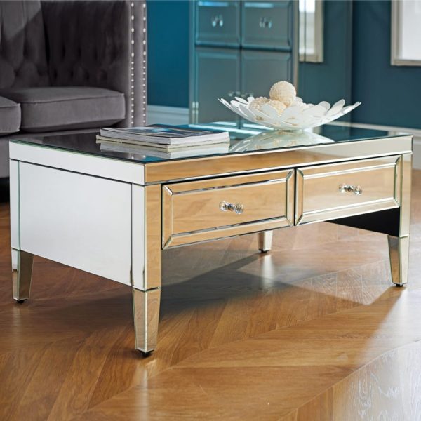 Valence Mirrored Coffee Table With 2 Drawers In Silver | Bed Sava