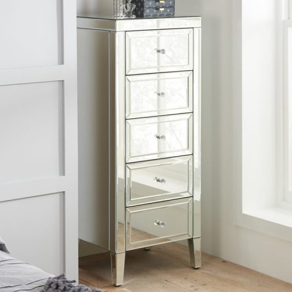 Valence Narrow Mirrored Chest Of 5 Drawers In Silver | Bed Sava