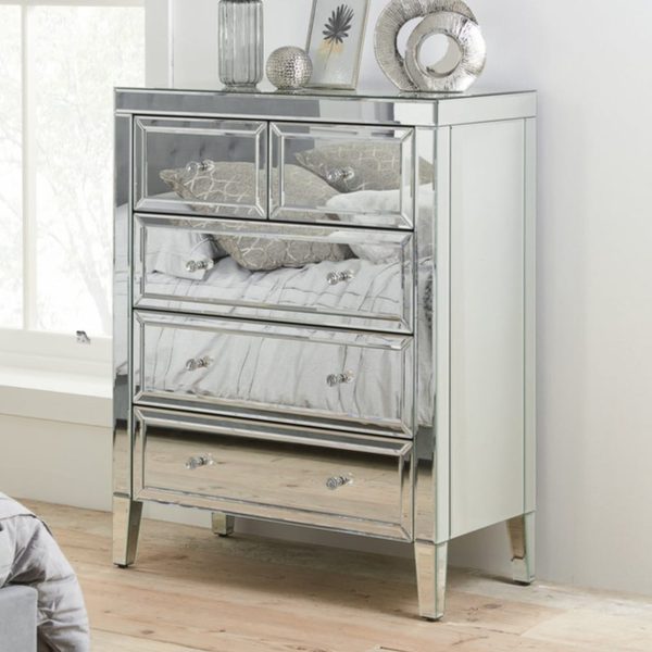 Valence Wide Mirrored Chest Of 5 Drawers In Silver | Bed Sava