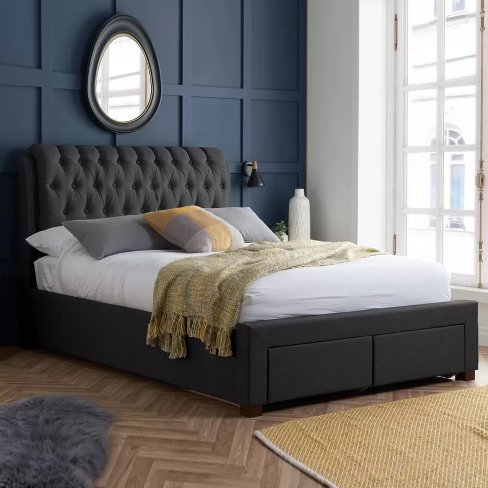 Valentina Fabric Double Bed With 2 Drawers In Charcoal