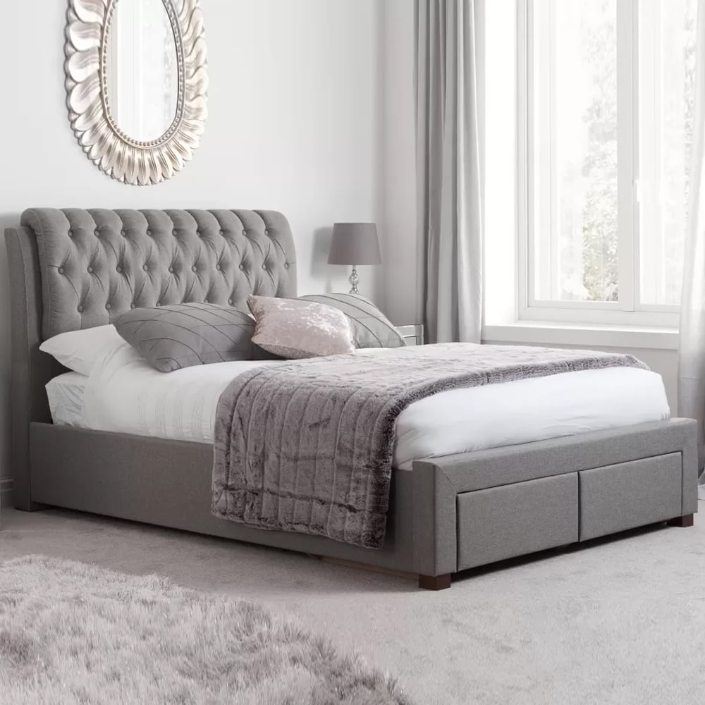 Valentina Fabric King Size Bed With 2 Drawers In Grey