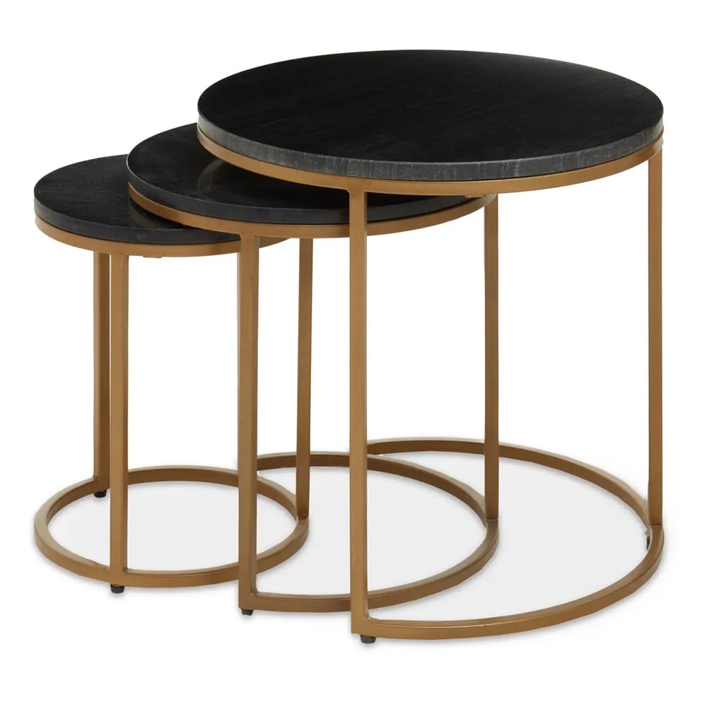 Valrico Black Marble Top Round Nest Of 3 Tables With Gold Frame