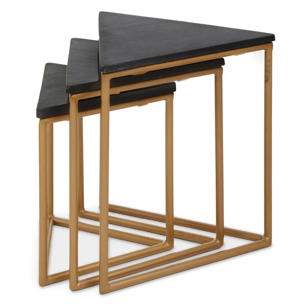 Valrico Black Marble Top Triangulal Nest Of 3 Tables With Gold Frame