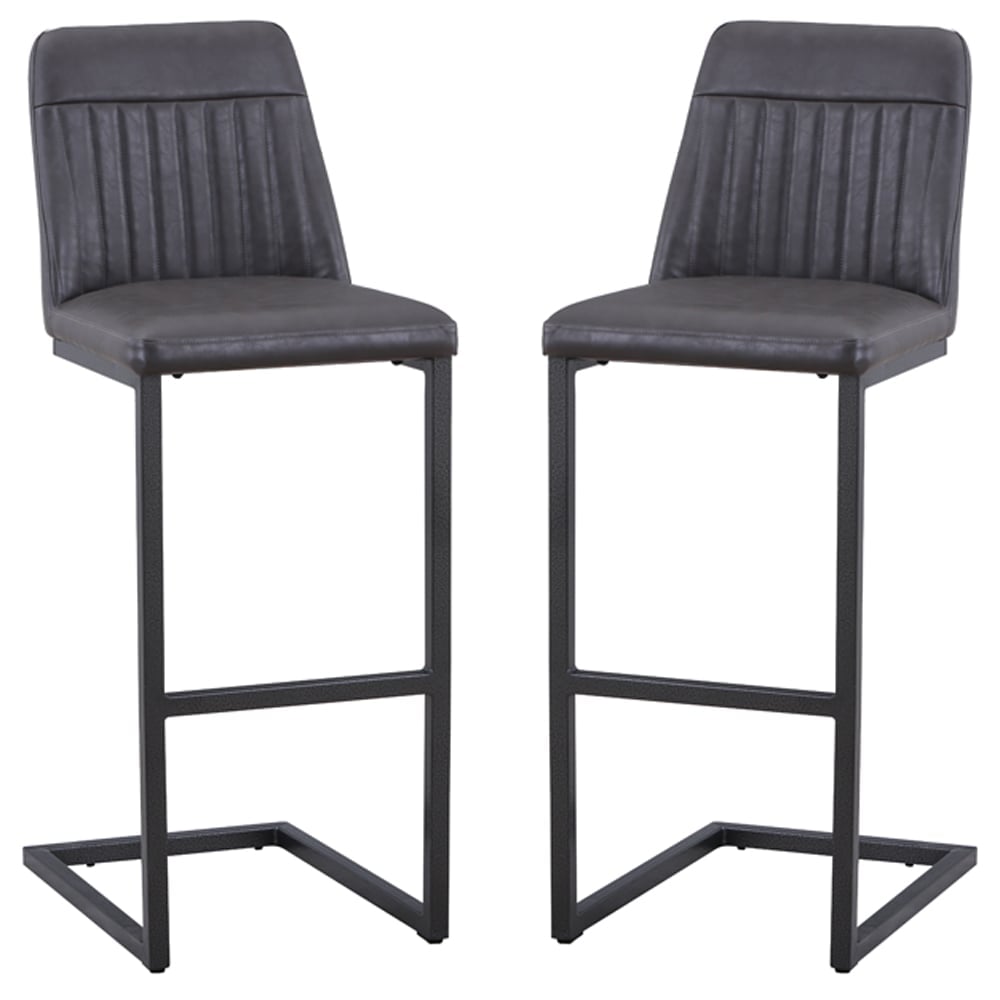 Vandalia Vintage Grey Leather Bar Stools In Pair