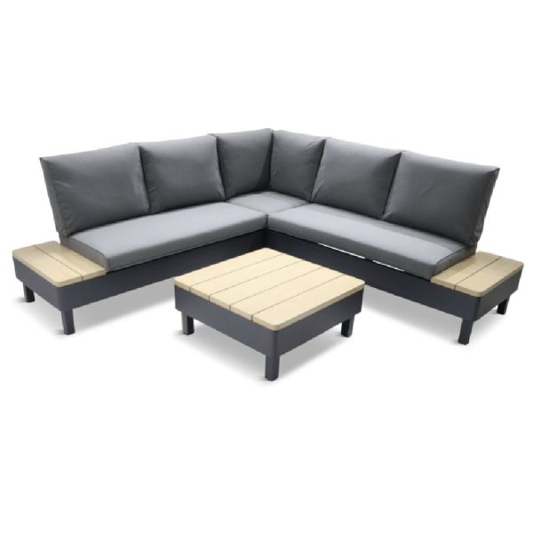Vega Aluminium Garden Lounge Sofa Set With Coffee Table In Oak Grey | Bed Sava