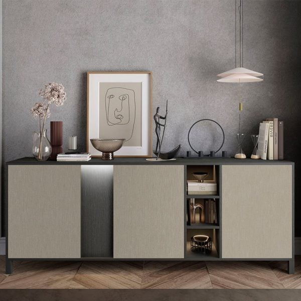 Venice High Gloss Sideboard With 3 Doors In Champagne And LED | Bed Sava