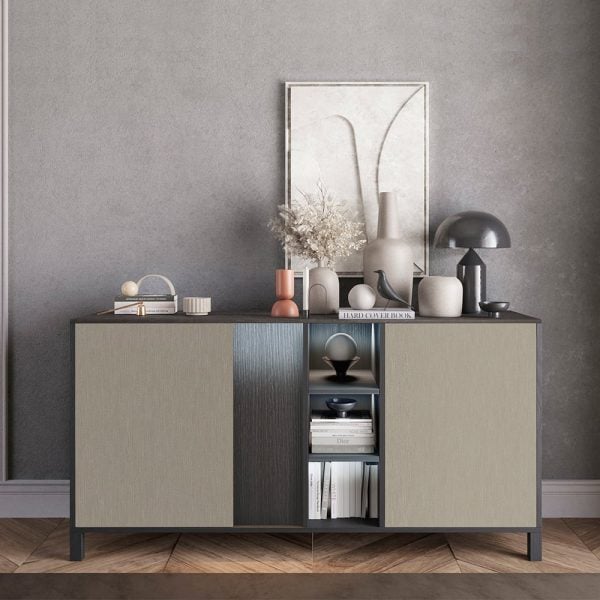 Venice High Gloss Sideboard With 2 Doors In Champagne And LED | Bed Sava