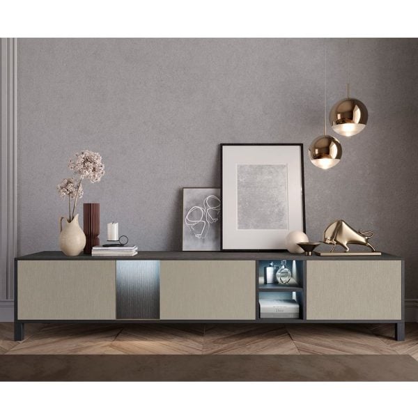 Venice High Gloss TV Sideboard With 3 Doors In Champagne And LED | Bed Sava