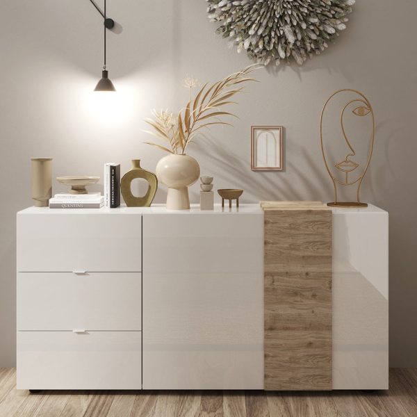 Venice White High Gloss Sideboard 2 Doors 3 Drawers In Cadiz Oak | Bed Sava