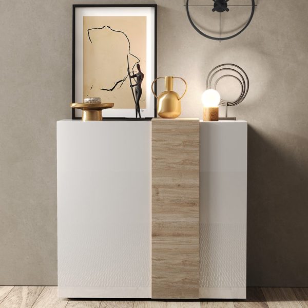Venice White High Gloss Highboard 2 Doors In Cadiz Oak | Bed Sava