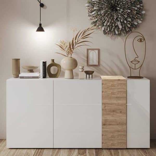 Venice White High Gloss Sideboard 3 Doors In Cadiz Oak | Bed Sava