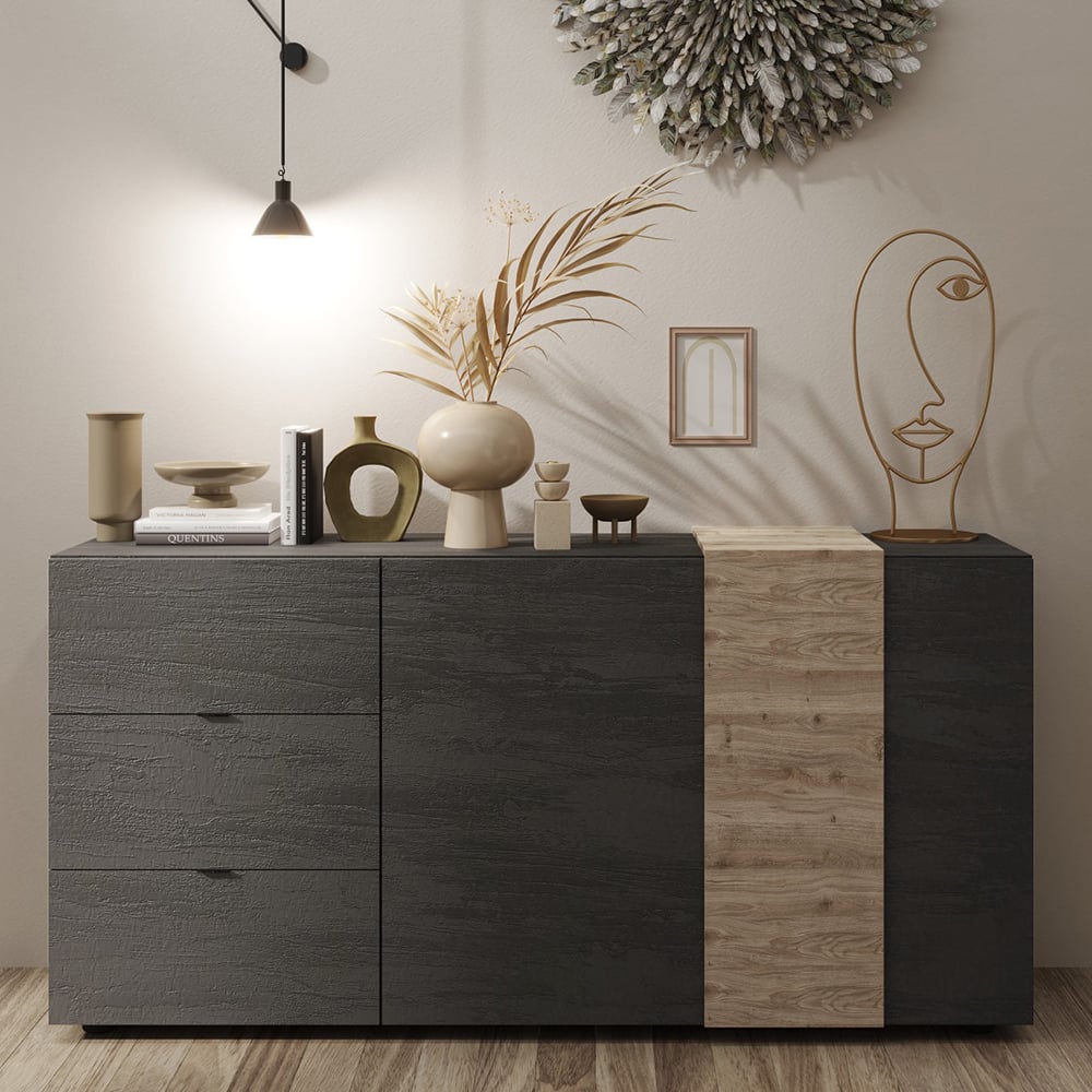Venice Wooden Sideboard 2 Doors 3 Drawers In Titan And Cadiz Oak