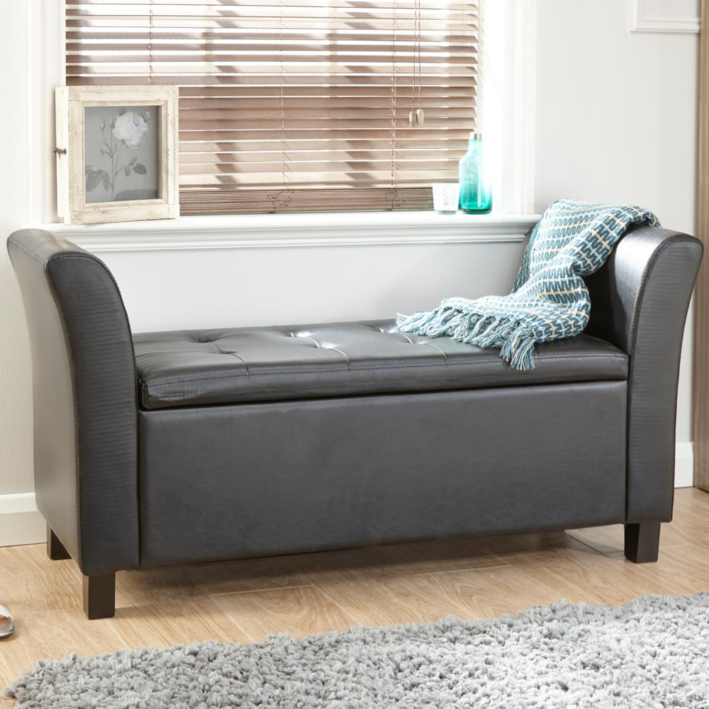Ventnor PU Leather Storage Seating Ottoman In Black