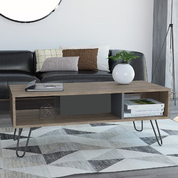 Veritate Wooden Coffee Table With Black Legs In Oak And Grey | Bed Sava