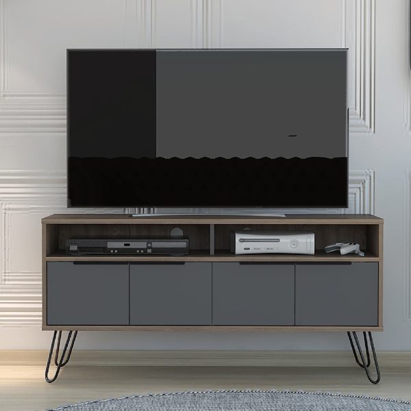 Veritate Wooden TV Stand With 4 Doors In Brown And Grey | Bed Sava