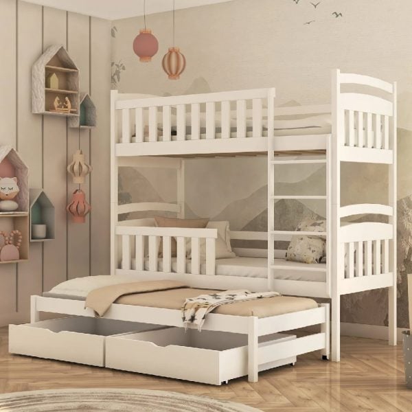 Vernal Wooden Bunk Bed With Foam Mattress And Trundle In White | Bed Sava