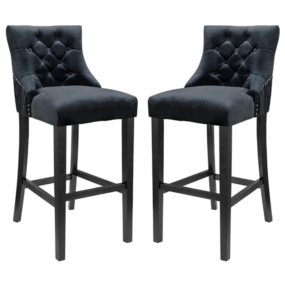 Victoria Black Velvet Bar Stools In Pair