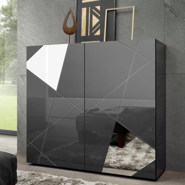 Victoria Mirrored High Gloss Highboard With 2 Doors In Grey | Bed Sava