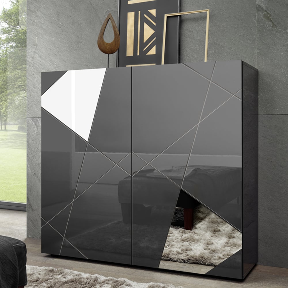 Victoria Mirrored High Gloss Highboard With 2 Doors In Grey