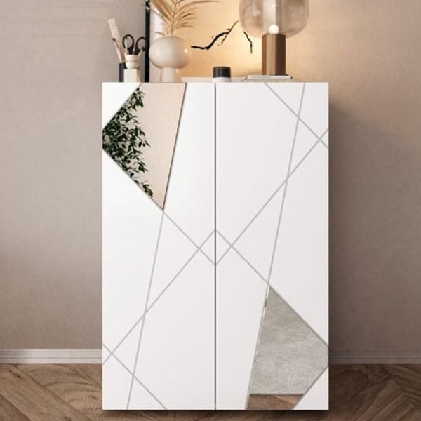 Victoria Mirrored High Gloss Shoe Storage Cabinet In White | Bed Sava