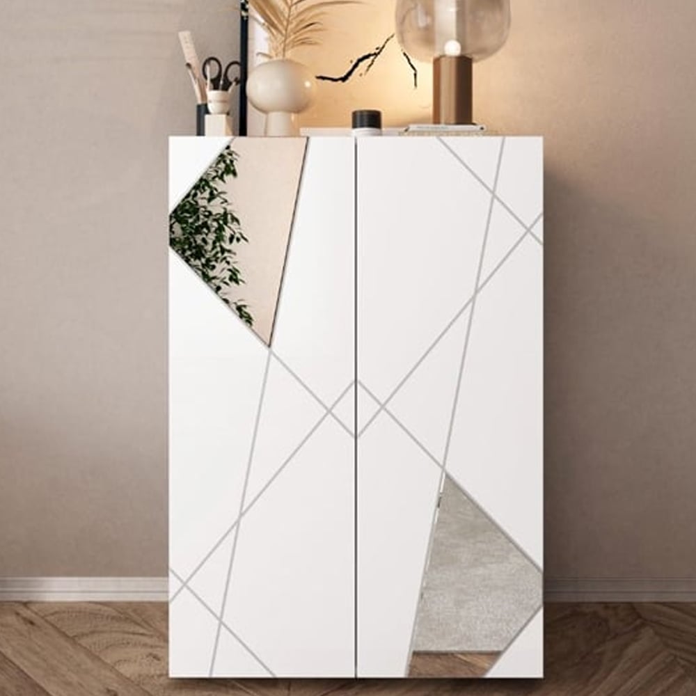 Victoria Mirrored High Gloss Shoe Storage Cabinet In White